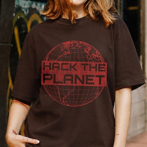 Hack the Planet T-Shirt | Retro Pixel Globe Tech Graphic Gildan 5000