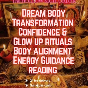 Könnte beinhalten: Ein rituelles Arrangement mit mehreren brennenden Kerzen, religiösen Bildern und verstreuten Objekten. Der Text lautet: The HOLLOW SIGIL ORDER, DREAM BODY TRANSFORMATION CONFIDENCE & GLOW UP RITUALS BODY ALIGNMENT ENERGY GUIDANCE READING, 24 hrs delivery, Same day cast, Visit our shop for full details.