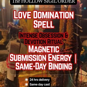 Peut inclure: Une bougie sombre et texturée ornée de nombreuses petites épingles métalliques et entourée d'un fil rouge, devant des flammes vacillantes. Le texte indique : The HOLLOW SIGIL ORDER, LOVE DOMINATION SPELL, INTENSE OBSESSION & DEVOTION RITUAL, MAGNETIC SUBMISSION ENERGY | SAME-DAY BINDING, 24 hrs delivery, Same day cast, Visit our shop for full details.