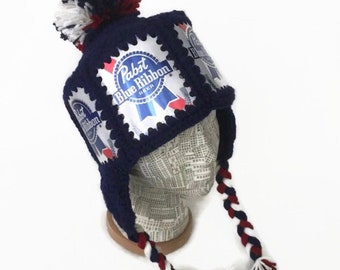 Pabst Hat, PBR Hat, Pabst Crochet Beer Can Hat, PBR Beer Can Hat with Ear Flaps and Pom Pom, PBR Winter Ski Hat