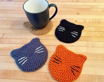 Handmade Crochet Cat Coasters Set, Amigurumi Cat Face Drink Mat, Kitten Lover Gift