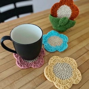 Sous-bocks fleuris, ensemble de sous-bocks fleuris au crochet, sous-bocks fleuris au crochet avec panier, lot de 4 sous-bocks, sous-bocks fleuris au crochet, cadeau pour maman image 1