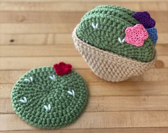 Cactus Coasters, Cactus Coaster Set, Crochet Cactus Coasters with Basket, Set of 4 Coasters, Gift for Cactus Lover, Gift for Mom