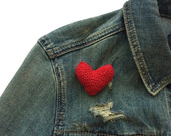 Handmade Crochet Red Heart Pin, Amigurumi Love Brooch, Yarn Lapel Badge (2 inches)
