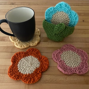 Sous-bocks fleuris, ensemble de sous-bocks fleuris au crochet, sous-bocks fleuris au crochet avec panier, lot de 4 sous-bocks, sous-bocks fleuris au crochet, cadeau pour maman image 7