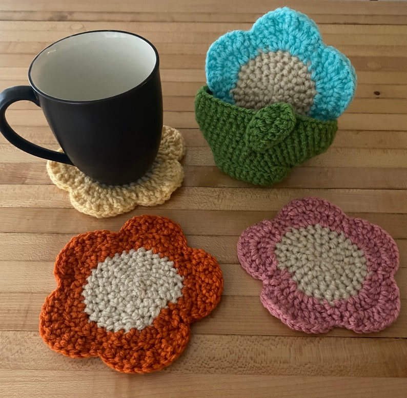 Sous-bocks fleuris, ensemble de sous-bocks fleuris au crochet, sous-bocks fleuris au crochet avec panier, lot de 4 sous-bocks, sous-bocks fleuris au crochet, cadeau pour maman image 7