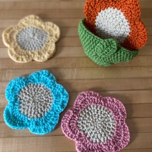 Sous-bocks fleuris, ensemble de sous-bocks fleuris au crochet, sous-bocks fleuris au crochet avec panier, lot de 4 sous-bocks, sous-bocks fleuris au crochet, cadeau pour maman image 2