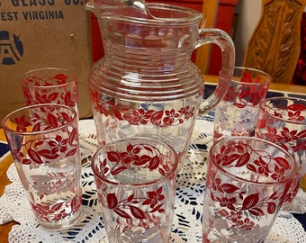 Vintage NOS Atlas Glass Co. Red and White Floral Pitcher & Six Glasses Set