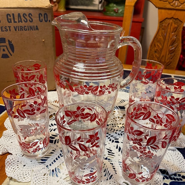 Vintage NOS Atlas Glass Co. Red and White Floral Pitcher & Six Glasses Set