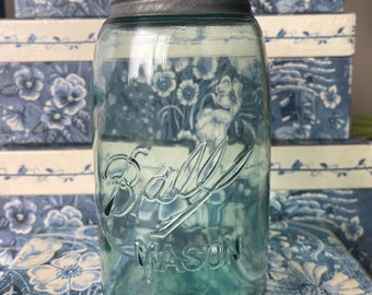 Vintage 1 qt. Ball Jar with Zinc & Milk Glass  Lid