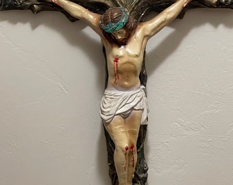 Vintage Chalk Ware X-LG Crucifix/Hand Painted/Textured/Beautiful 22"