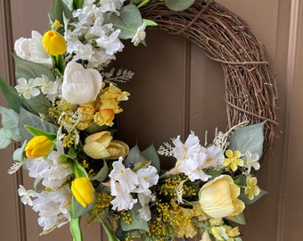 Faux Spring/Summer  Wreath Snapdragons, Iris, Tulips Yellows & Whites Handmade