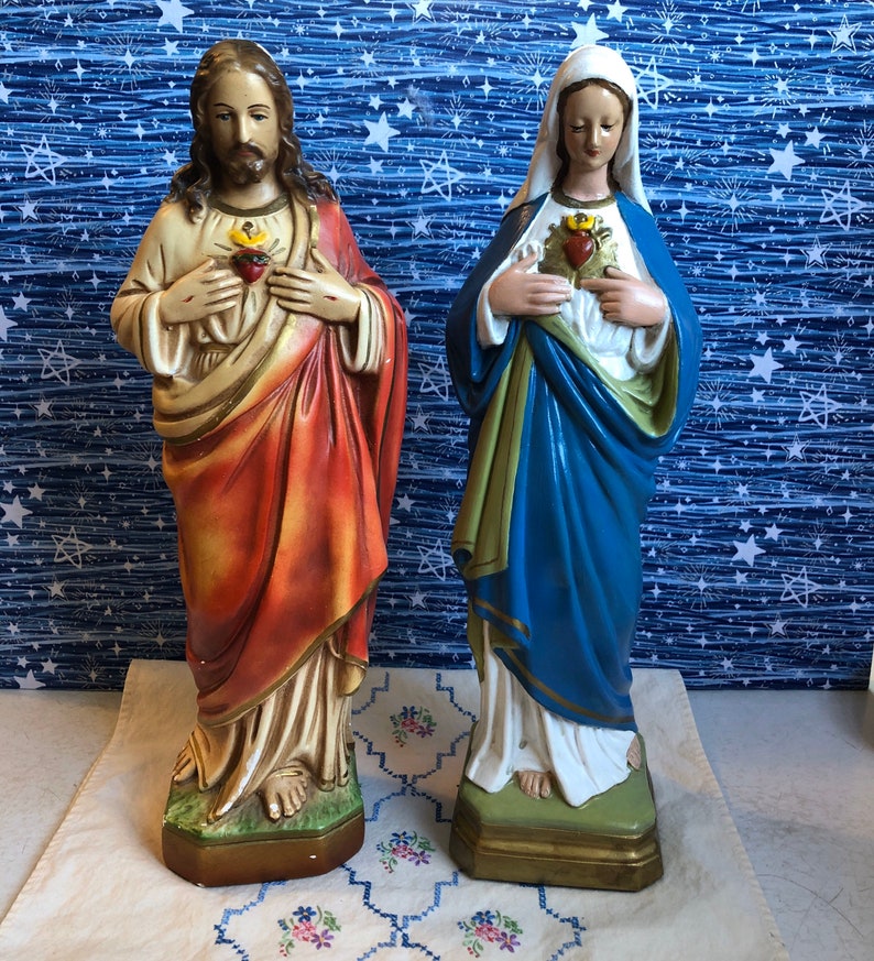 RESERVED Vintage Sacred Heart of Jesus and Mary Statues Etsy