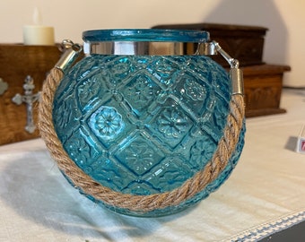 Aqua/Blue Pressed Glass Round Decorative Vase with Rope Accent