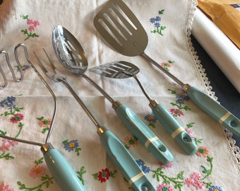 Vintage 1950's Turquoise Blue Ekco Wood Handle Utensils Set of 5