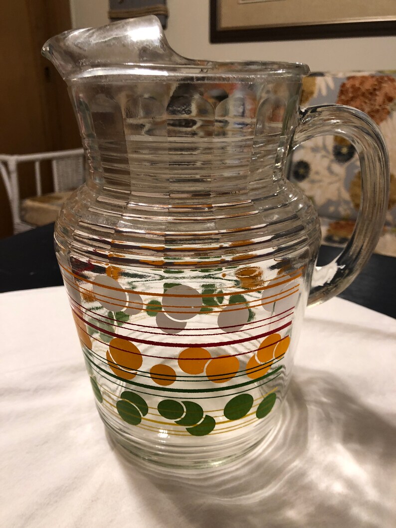 Vintage 1950s Ribbed Glass Pitcher With Colored Dots Retro Etsy