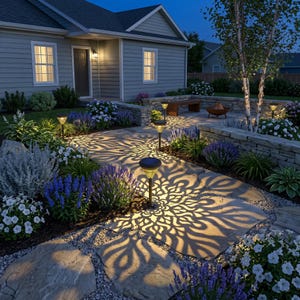 May include: A series of solar-powered garden path lights with dark metal stakes and circular tops, casting intricate, symmetrical floral-patterned shadows onto a stone walkway surrounded by lavender, white flowers, and green foliage at dusk.