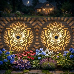 May include: Two solar-powered wall lights mounted on a brick wall, each projecting a bright, warm-toned butterfly and mandala-style light pattern. The fixtures feature a circular dark center and emit a glow that illuminates the brick surface.