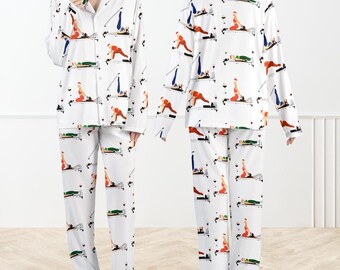Womens Pajama Set Pilates Print, Silk Satin Sleepwear, Button Up Long Sleeve PJs, Cute Workout Pattern Loungewear, Gift for Her