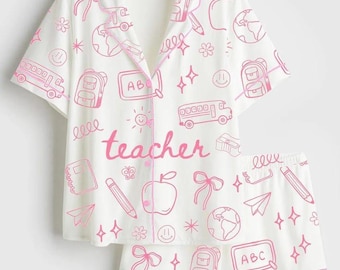 Conjunto de pijama para profesora, pijama con estampado escolar adorable, conjunto de ropa de estar por casa para la vuelta al cole, pijama de manzana con el abecedario, regalo acogedor para profesora.