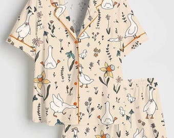 Conjunto de pijama con estampado de gansos, ropa de dormir estilo cottagecore, pijama de patito floral, conjunto de descanso con estampado de pájaros, pijama único de primavera, regalo para amantes de la naturaleza