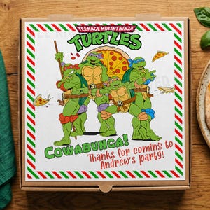 May include: A square cardboard pizza box featuring a Teenage Mutant Ninja Turtles graphic with four turtles, a pizza illustration, and the text Cowabunga! Thanks for coming to Andrew's party! The box has a red and green diagonal striped border.