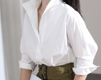 Elegant High Collar White Blouse, Minimalist Professional Women Shirt, Business Casual Chic Long Sleeve Top