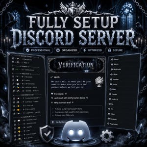 May include: A digital graphic displaying a fully setup Discord server with a dark, gothic aesthetic. The text reads Fully Setup Discord Server, Verification, and includes channel lists, role hierarchies, and a central verification prompt box.
