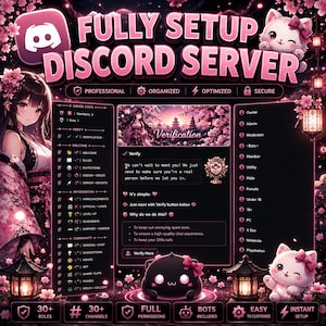 Könnte beinhalten: Eine digitale Grafik für einen vollständig eingerichteten Discord-Server in Pink und Schwarz mit Kirschblüten-Motiven. Das Layout enthält eine Charakterillustration, Serverstatistiken, Kanallisten und Rollenkategorien mit Text.