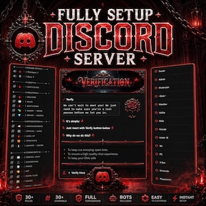 May include: A digital graphic display of a fully setup Discord server with a dark red gothic theme. The interface features a verification panel, channel lists, and role assignments with red text and icons against a black background.