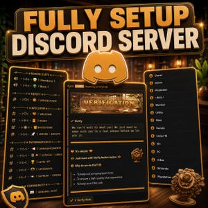 May include: A digital display showing a fully setup Discord server with gold-toned text and borders. The interface features a verification channel, server statistics, and a list of roles including owner, admin, moderator, and various member categories.