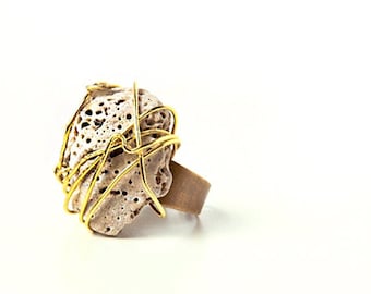 Natural sea pumice stone ring,adjustable ring,minimal,brass, wire, sea stone.