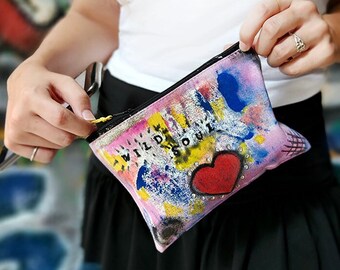 Ηandpainted pouch, canvas, Eco bags, Funky, Textile, Handmade clutch, cotton bag, colorful, abstract art, unique gift, fashion accessory