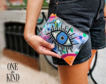 Ηandpainted pouch, canvas, Eco bags, Funky, Textile, Handmade clutch, cotton bag, colorful, abstract art, unique gift, fashion accessory