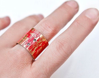Red -  Unisex ring,adjustable ring,minimal,brass ,hammered ,Wide Band folded ring,red,bohemian,patina,one of a kind