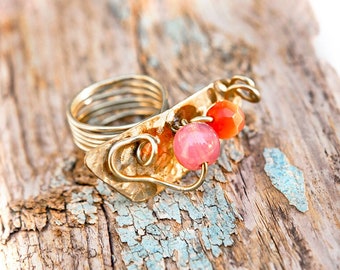 Dance - brass ring ,big ,boho,golden,wire ring,,semiprecious stone,brass wire,wide ring,modern,one of a kind.