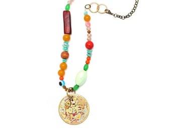 Hope-Boho Jewelry,etched jewelry,brass pendant,multi color,semiprecious stone necklace,colorful, words pendant,pop