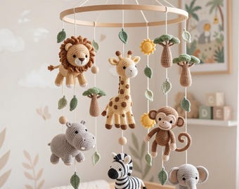 Safari Baby Mobile Crochet, Jungle Crib Mobile, Handmade Nursery Decor, Baby Shower Gift, Lion Elephant Giraffe Mobile, Baby Shower Gifts