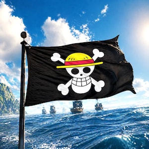 May include: Black pirate flag with a white skull and crossbones wearing a yellow straw hat with a red band. The flag is waving in the wind against a blue sky with clouds and the ocean. Several pirate ships sail in the distance.