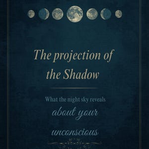 Può includere: Un poster blu scuro intitolato COSMOS & PSYCHE II con una fila orizzontale di fasi lunari in alto. Il testo recita: The projection of the Shadow, What the night sky reveals about your unconscious, con decorazioni ornamentali in basso.
