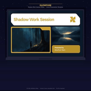 Könnte beinhalten: Ein Laptop-Bildschirm zeigt eine Präsentationsvorlage mit dem Titel "Shadow Work Session". Das Design hat einen dunkelblauen Hintergrund mit goldenen Akzenten. Zwei Landschaftsbilder sind enthalten, zusammen mit dem Text "Presented by GlowPure Team."