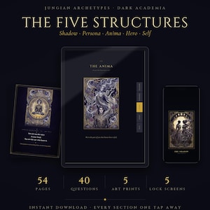 Puede incluir: Una pantalla de producto digital con una tableta y un teléfono inteligente que muestran ilustraciones de arquetipos junguianos. El texto incluye THE FIVE STRUCTURES, Shadow, Persona, Anima, Hero, Self, 54 pages, 40 questions, 5 art prints y 5 lock screens.