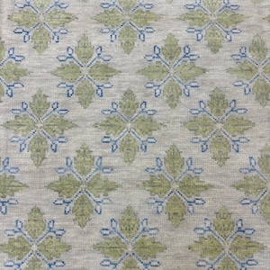 Handknuten ullmatta i salviagrönt och franskblått, blommig matta i Oushak-stil för barnrum, kustnära sovrum, specialanpassad mjuk turkisk ullmatta