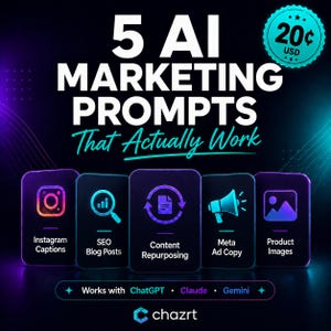 May include: A digital graphic titled 5 AI MARKETING PROMPTS That Actually Work. It features five dark rectangular icons with neon purple and blue outlines, representing Instagram Captions, SEO Blog Posts, Content Repurposing, Meta Ad Copy, and Product Images. The bottom text reads Works with ChatGPT, Claude, Gemini, and the brand name chazrt.
