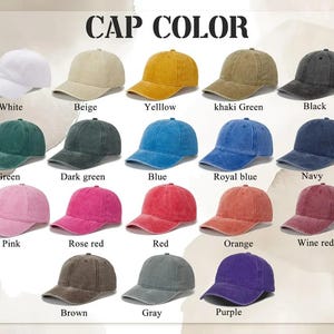 May include: A display of baseball caps in various colors, including white, beige, yellow, khaki green, black, green, dark green, blue, royal blue, navy, pink, rose red, red, orange, wine red, brown, gray, and purple. The text "CAP COLOR" is at the top.
