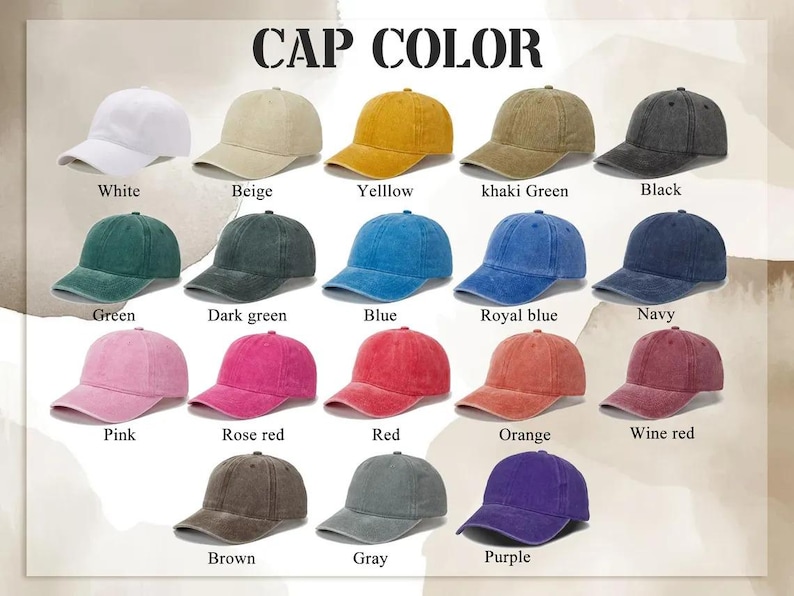 May include: A display of baseball caps in various colors, including white, beige, yellow, khaki green, black, green, dark green, blue, royal blue, navy, pink, rose red, red, orange, wine red, brown, gray, and purple. The text "CAP COLOR" is at the top.