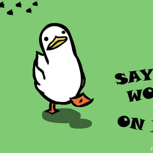May include: A cartoon duck with white feathers, a yellow beak, and orange feet stands on a green background. The text "Say the words on beat" is displayed in black. Footprints and decorative elements are also present.