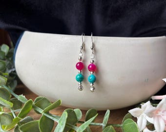 Pendientes colgantes de aguamarina y ágata rosa