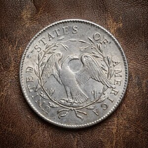 May include: A silver coin featuring an eagle with outstretched wings, surrounded by the words "UNITED STATES OF AMERICA." The coin is set against a brown leather background, highlighting its details.