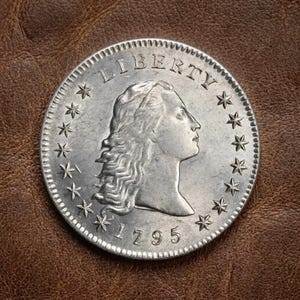 May include: A silver coin from 1795 featuring a profile of a woman, the word "LIBERTY" at the top, and surrounded by stars. The coin is set against a brown leather background.